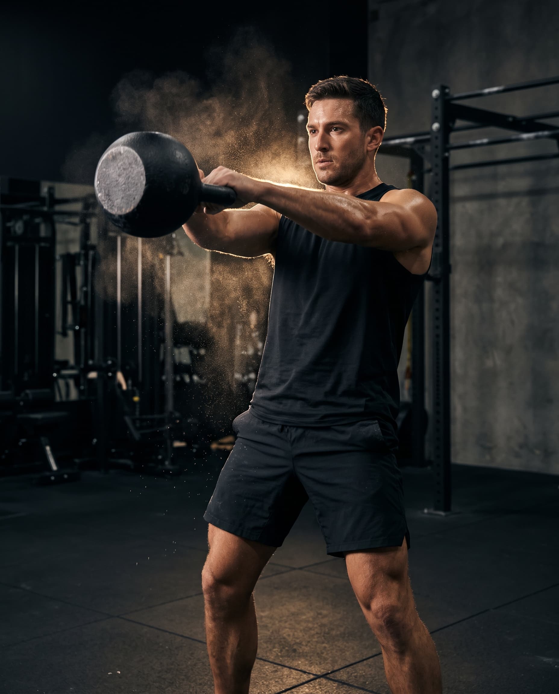 An athlete mid kettlebell swing with chalk catching the light