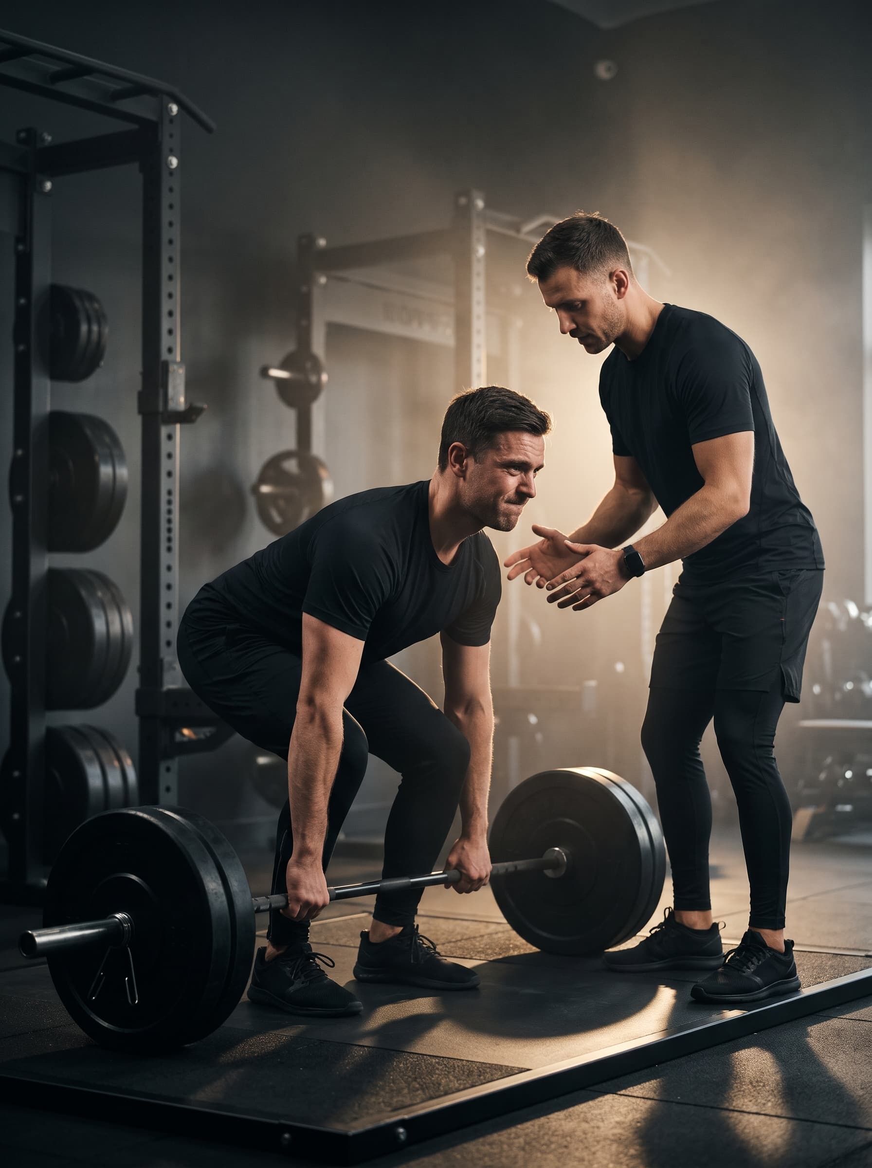 A coach guiding a client through a barbell lift in a dark, warmly lit training room